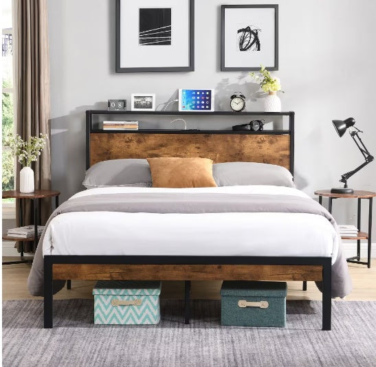 Queen Size Metal Bed Frame with Wooden Headboard and USB Plug