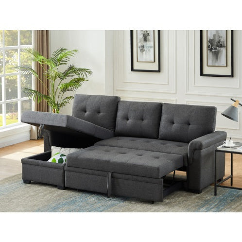 Sierra 84 inch Dark Gray Linen Reversible Sleeper Sectional Sofa with Storage Chaise