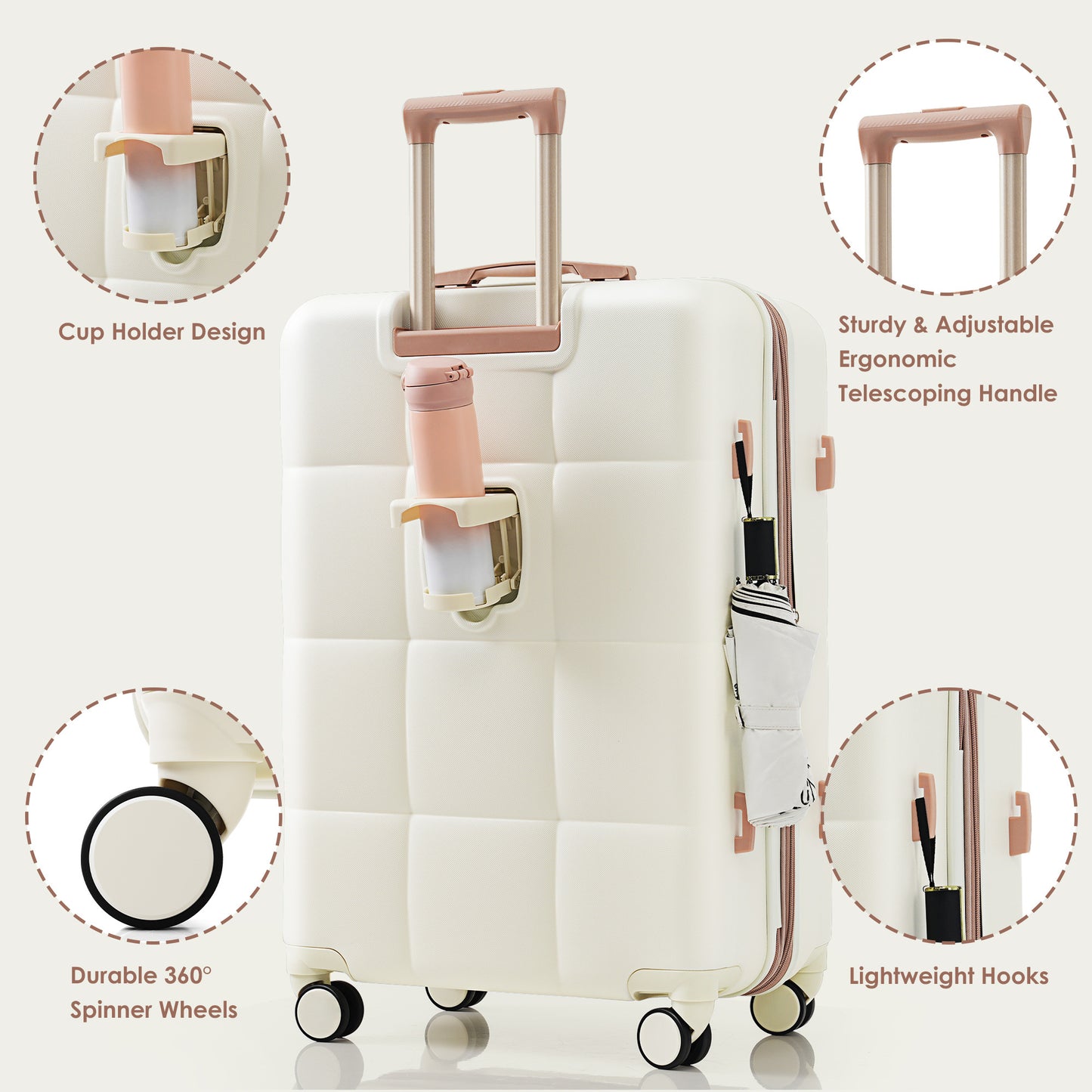 4 Piece Expandable Suitcase Set with USB Port & Travel Bag – Beige