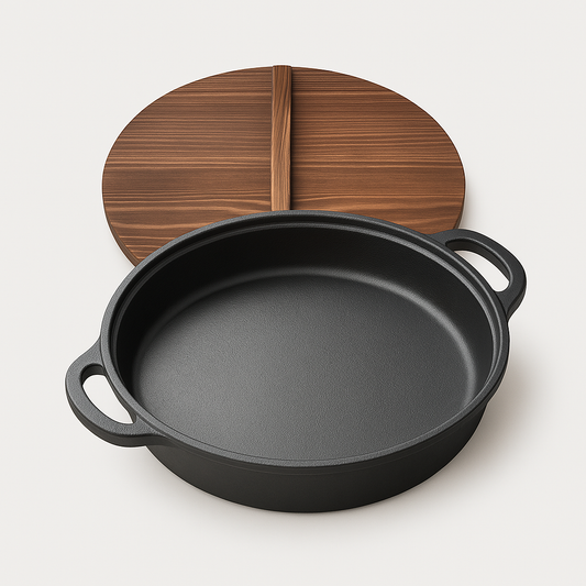 11 Inch Cast Iron Wok with Wooden Lid & Dual Handles