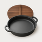 11 Inch Cast Iron Wok with Wooden Lid & Dual Handles