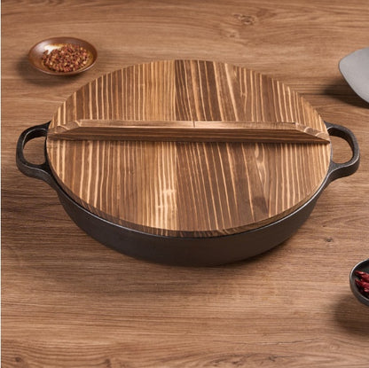 11 Inch Cast Iron Wok with Wooden Lid & Dual Handles