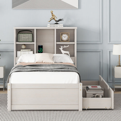 Twin Size Bed Frame with Bookcase Headboard and Built-in USB Port