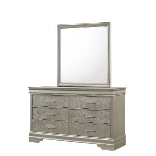 Amalia 6-Drawer Dresser – Silver & White Finish with Crocodile Embossed Fronts