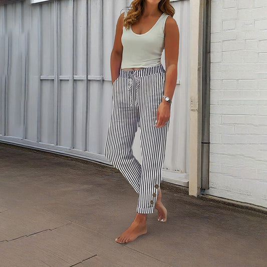 Women's Striped Elastic Waist Pants - Button Accent with Pockets
