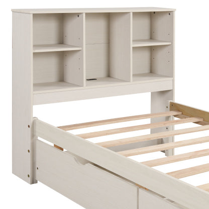 Twin Size Bed Frame with Bookcase Headboard and Built-in USB Port