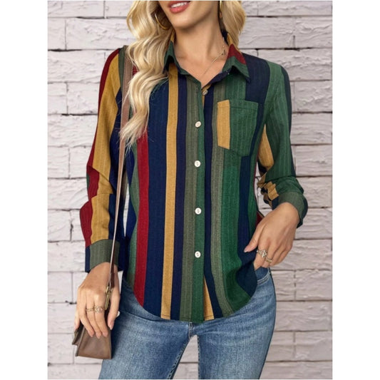 Women's Contrast Color Button-Down Blouse - Long Sleeve Shirt
