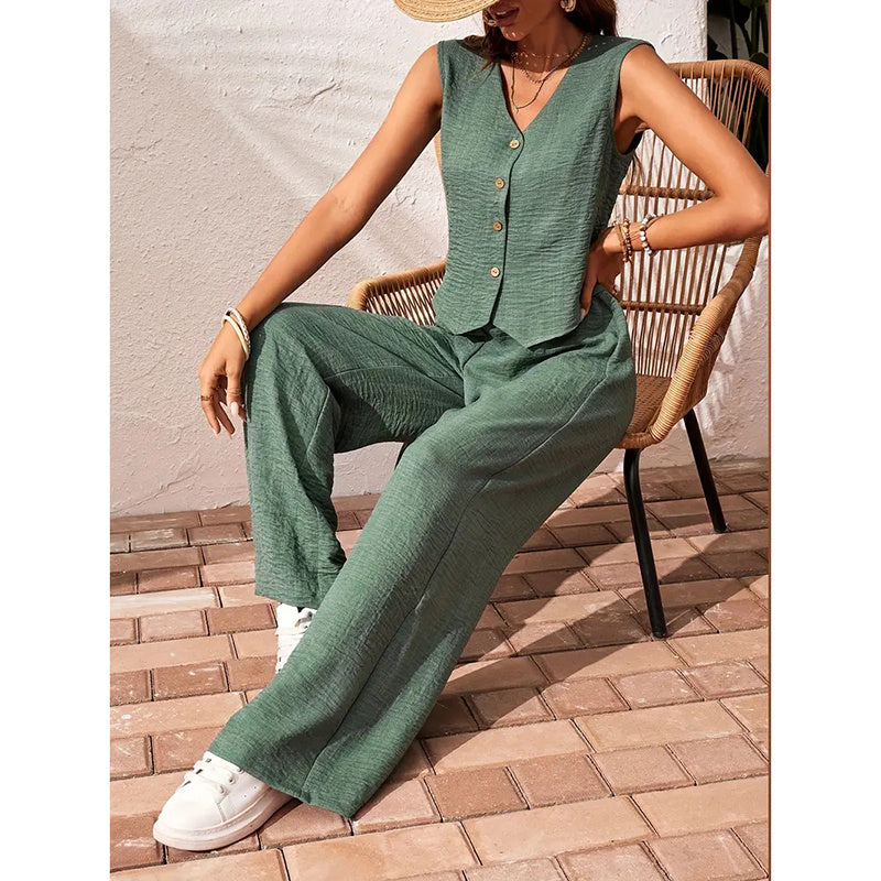 Women’s 2-Piece Blazer Set - Crop Vest and Wide-Leg Pants