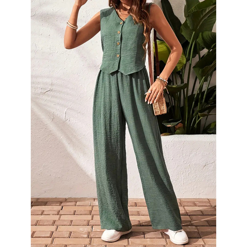 Women’s 2-Piece Blazer Set - Crop Vest and Wide-Leg Pants