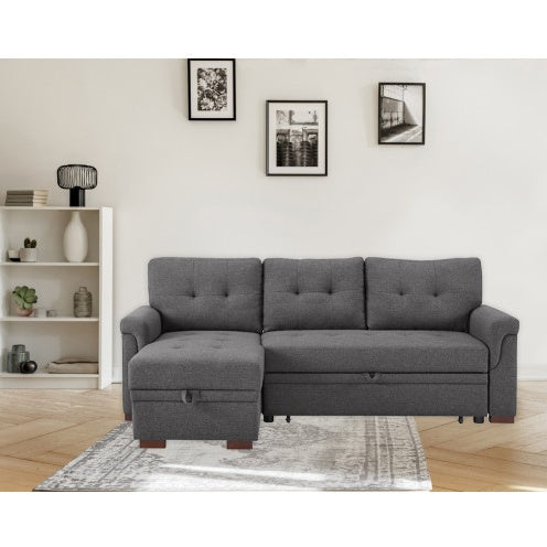 Sierra 84 inch Dark Gray Linen Reversible Sleeper Sectional Sofa with Storage Chaise