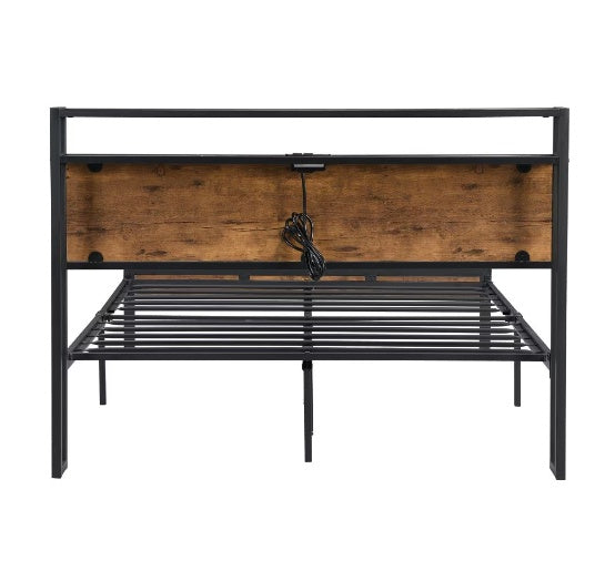 Queen Size Metal Bed Frame with Wooden Headboard and USB Plug