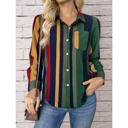Women's Contrast Color Button-Down Blouse - Long Sleeve Shirt