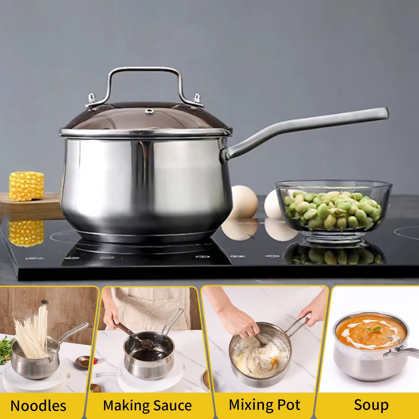 Non-Stick Stainless Steel Saucepan with Lid - 2.85 Quarts