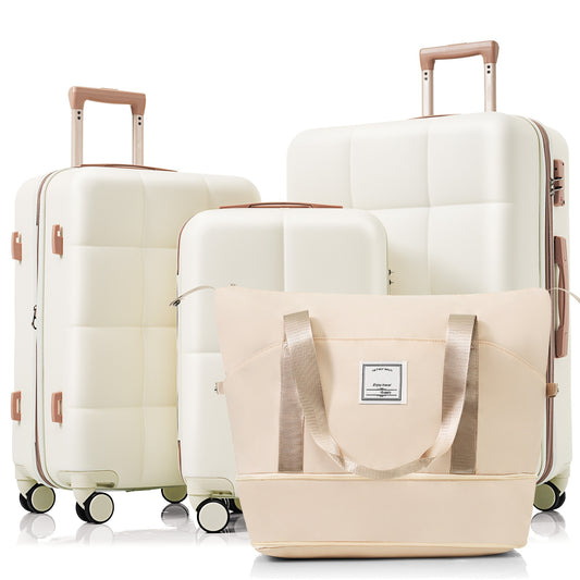 4 Piece Expandable Suitcase Set with USB Port & Travel Bag – Beige