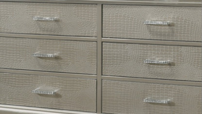Amalia 6-Drawer Dresser – Silver & White Finish with Crocodile Embossed Fronts
